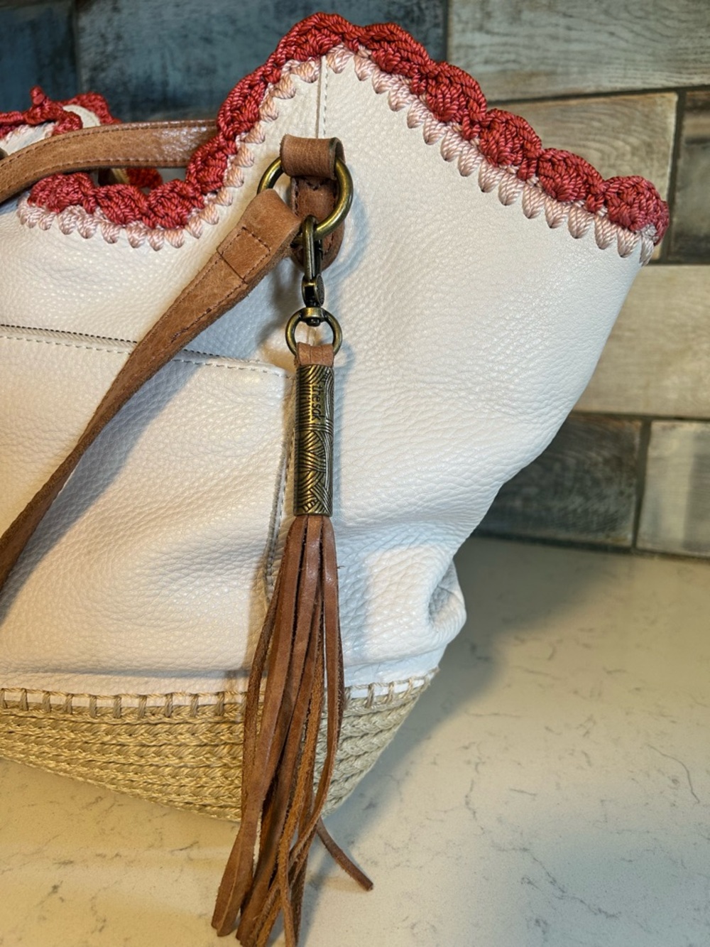 The Sak White Leather Shoulder Bag with Pink Embroidered Trim and Tan Braiding - Picture 4 of 16